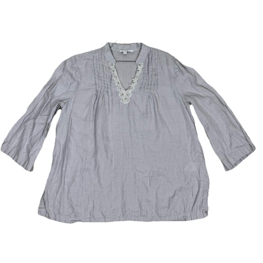 Chicos Silver Gray Embellished Linen Tunic Top Size 2 Beach Resort Cruise Boho